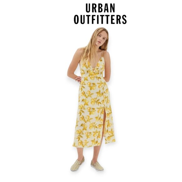 Plunging Neckline Lemon Print Midi Dress Urban Outfitters size XS EUC - Picture 1 of 12